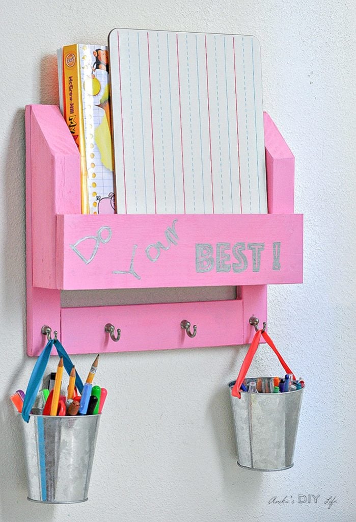 DIY desk organizer with workbooks and paper s