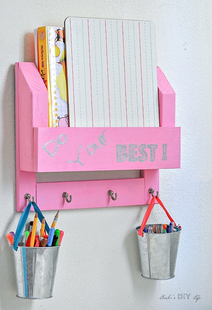 DIY desk organizer with workbooks and paper s