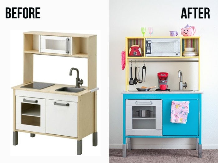 This Ikea Duktig Kitchen hack takes the plain Ikea kitchen and transforms it into a fun and colorful kids play kitchen with just a bit of paint and paper!