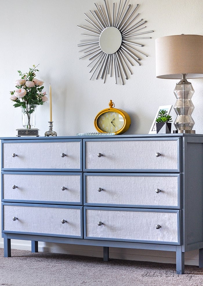 Fabric upholstered dresser - Ikea Tarva dresser makeover.