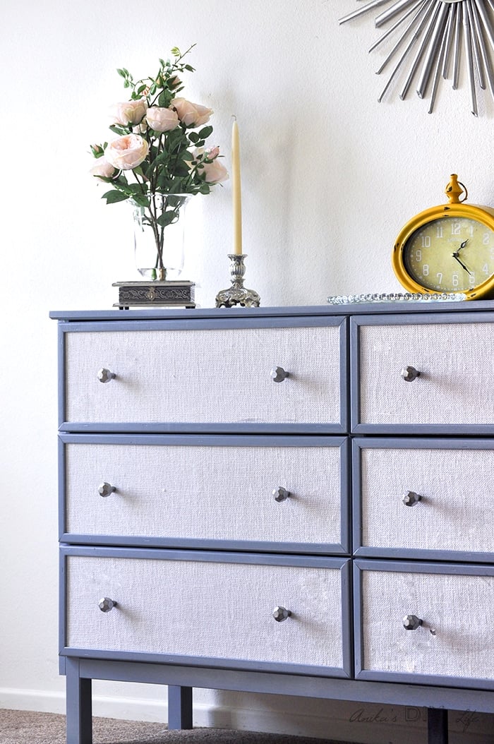 Fabric upholstered dresser - Ikea Tarva dresser makeover.