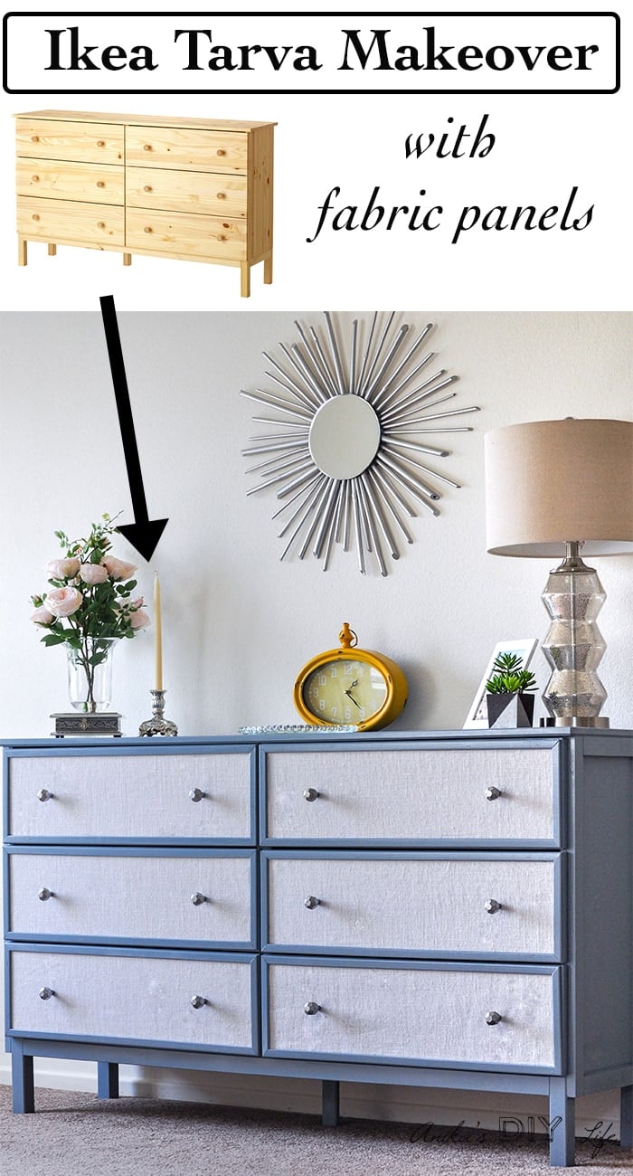 Fabric upholstered dresser - Ikea Tarva dresser makeover.