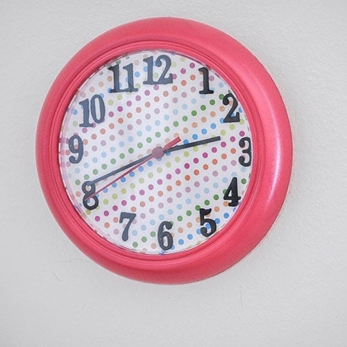 Ikea Rushc wall clock makeover with colored scrapbook paper