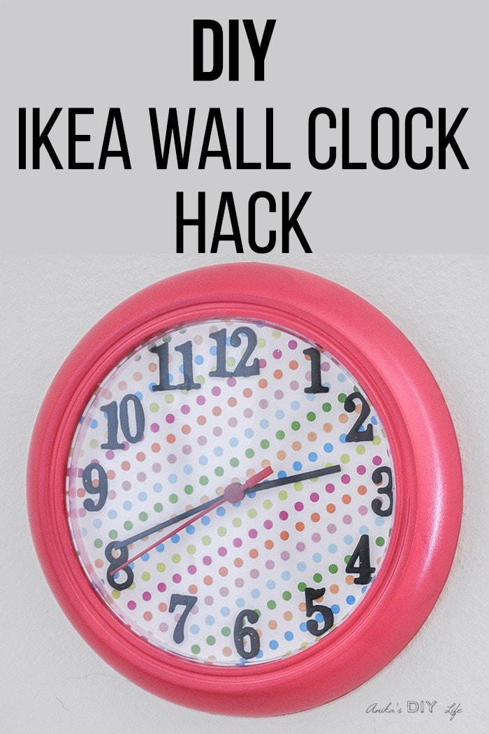 Pink Ikea Rusch wall clock with colorful paper and text overlay