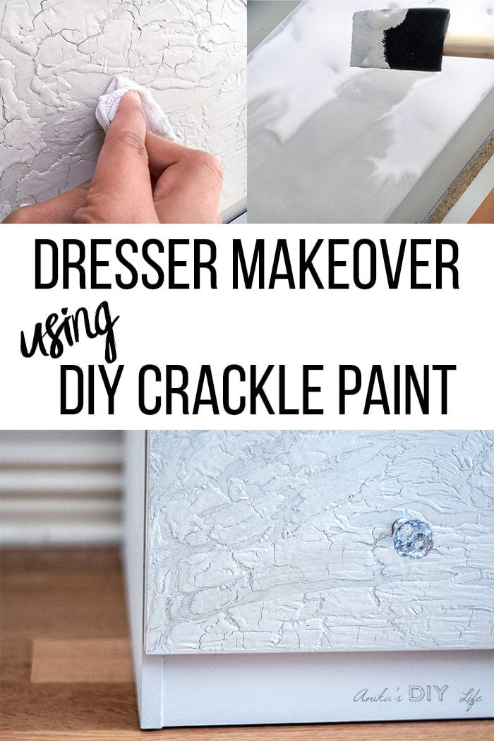 Close of DIY crackle paint effect on dresser and collage with how to make it with text overlay.