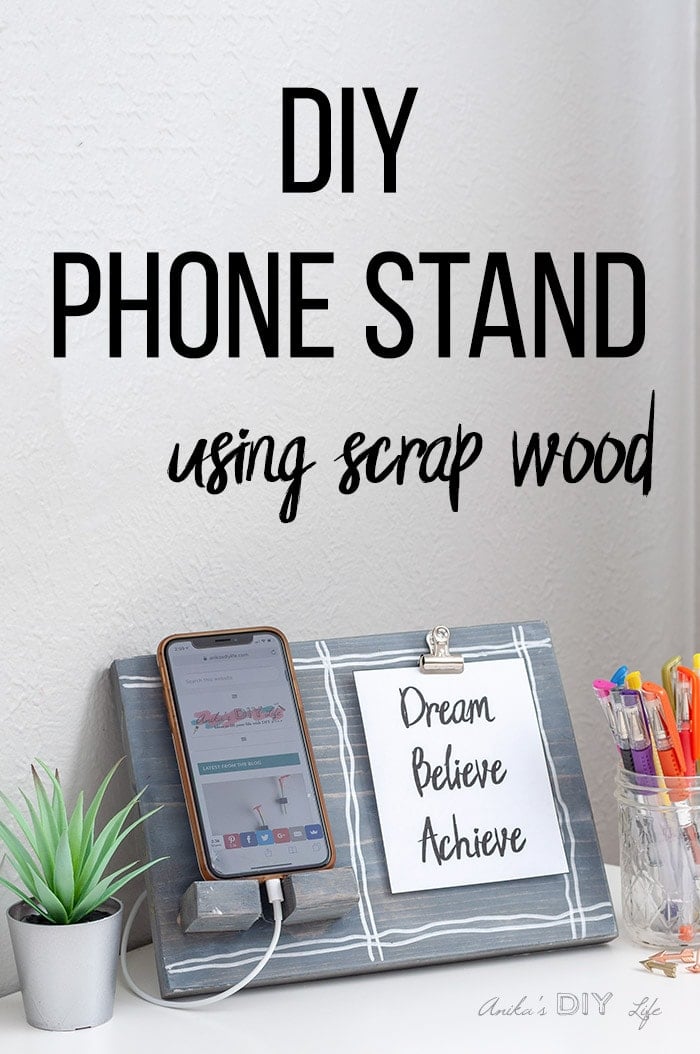 Gray DIY phone holder with a quote in clip and phone with text overlay