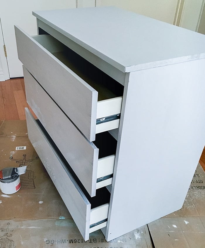 Ikea Malm dresser painted base coat ready for DIY crackle paint using wood glue