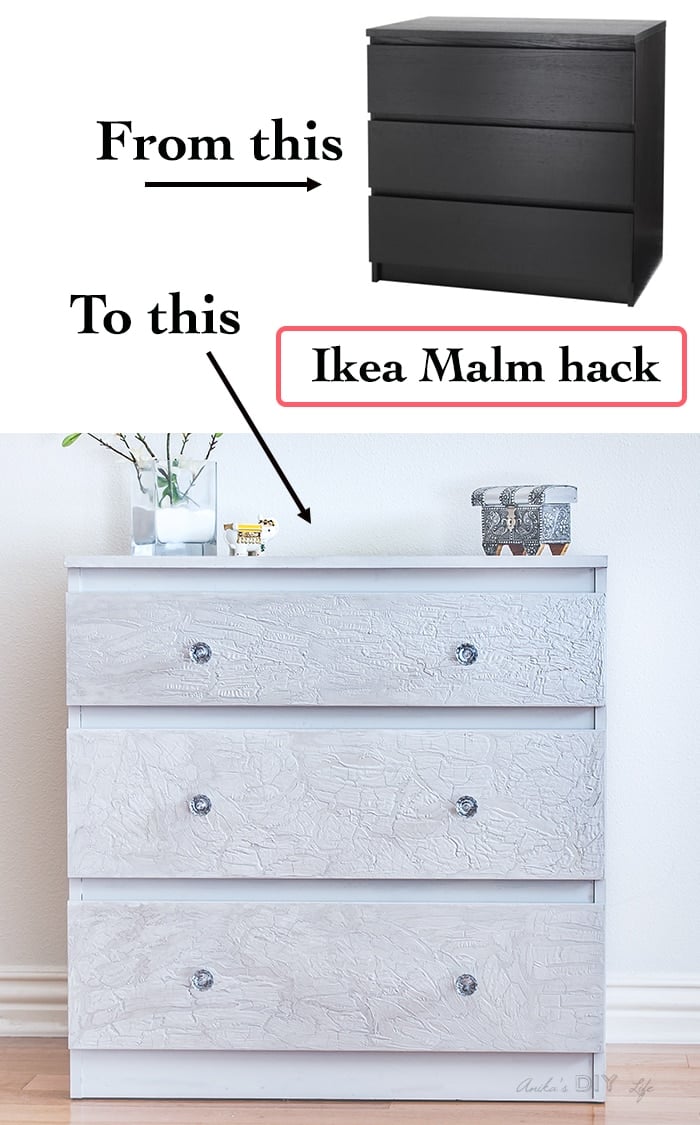 Ikea Malm dresser hack with a unique cracked paint effect. This easy technique transforms a drab Ikea Malm dresser into super glam and chic!