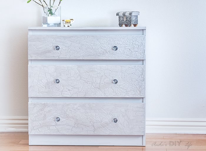 Silver and grey Ikea Malm Dresser with DIY crackle paint using wood glue