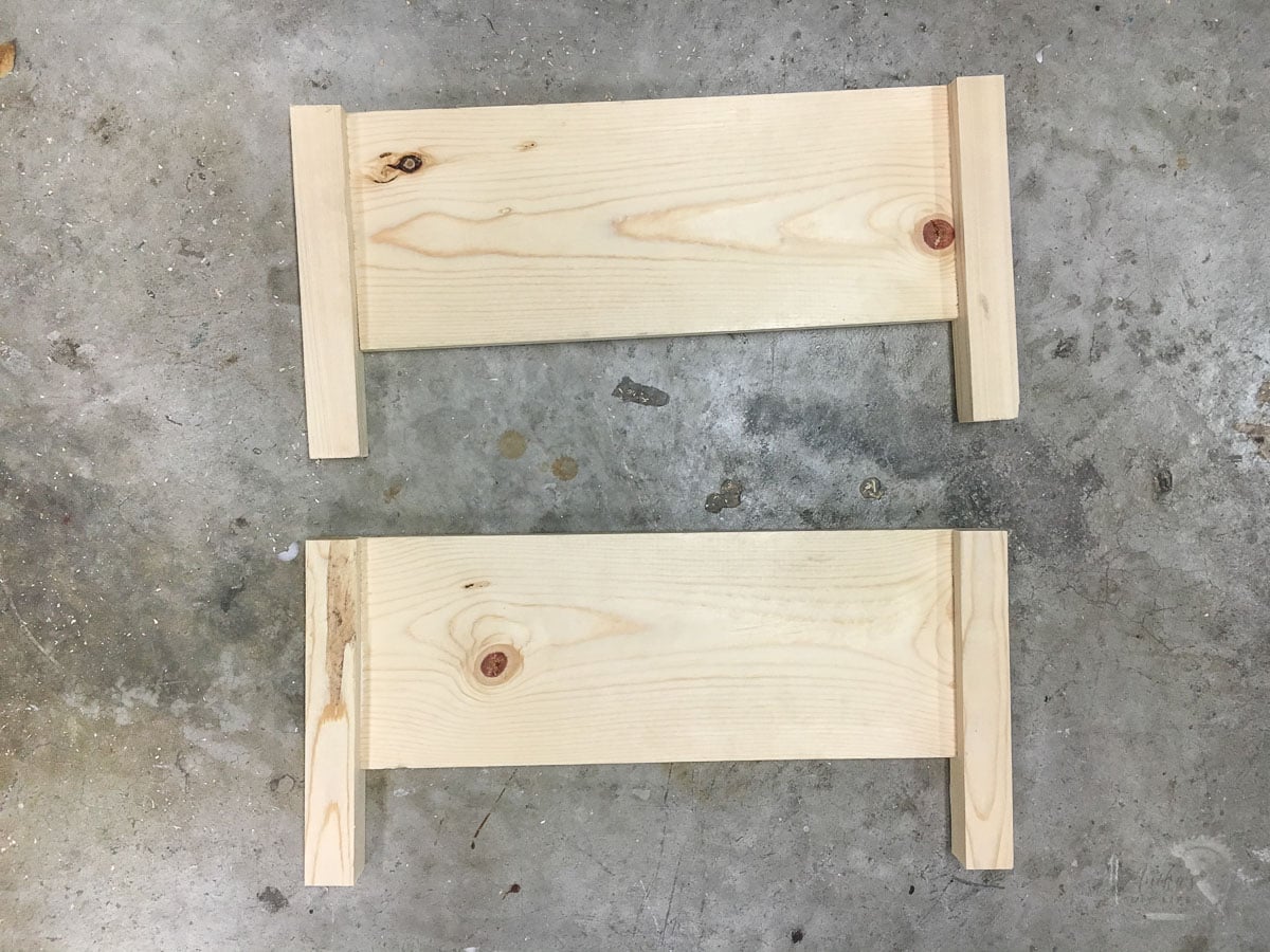 sides of storage ottoman built using 2x2 and 1x8 boards.