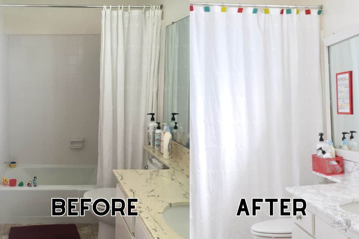 Collage of before and after of the rental bathroom. 