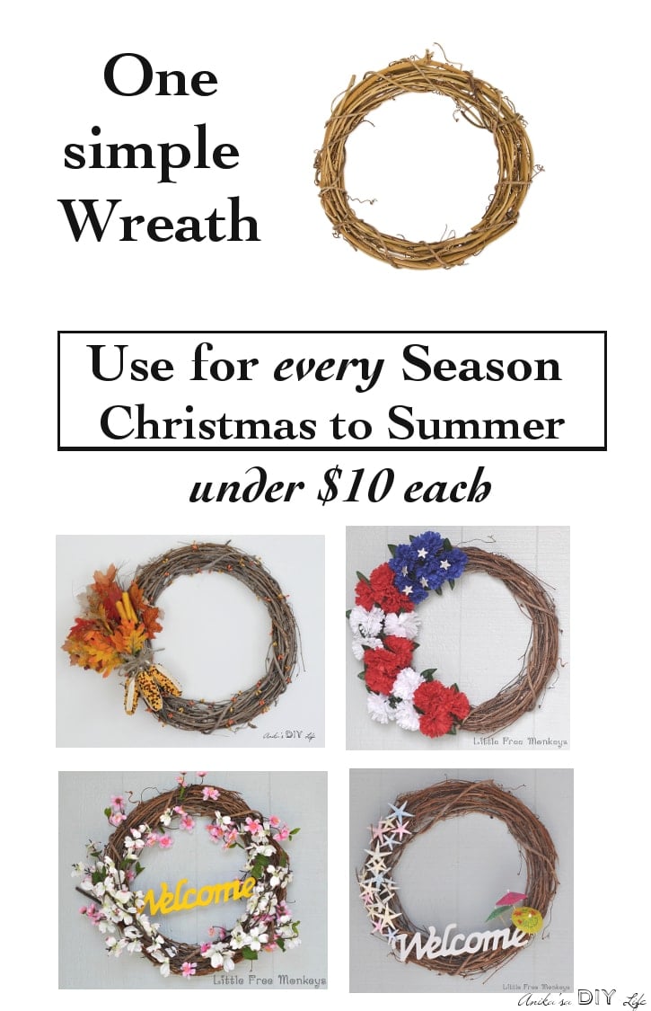 You don't have to break the bank to decorate with a wreath every season! See how an interchangeable wreath is used for Valentines, St Patrick's Day, Spring, Summer, Fourth of July, Fall, Halloween and Christmas!