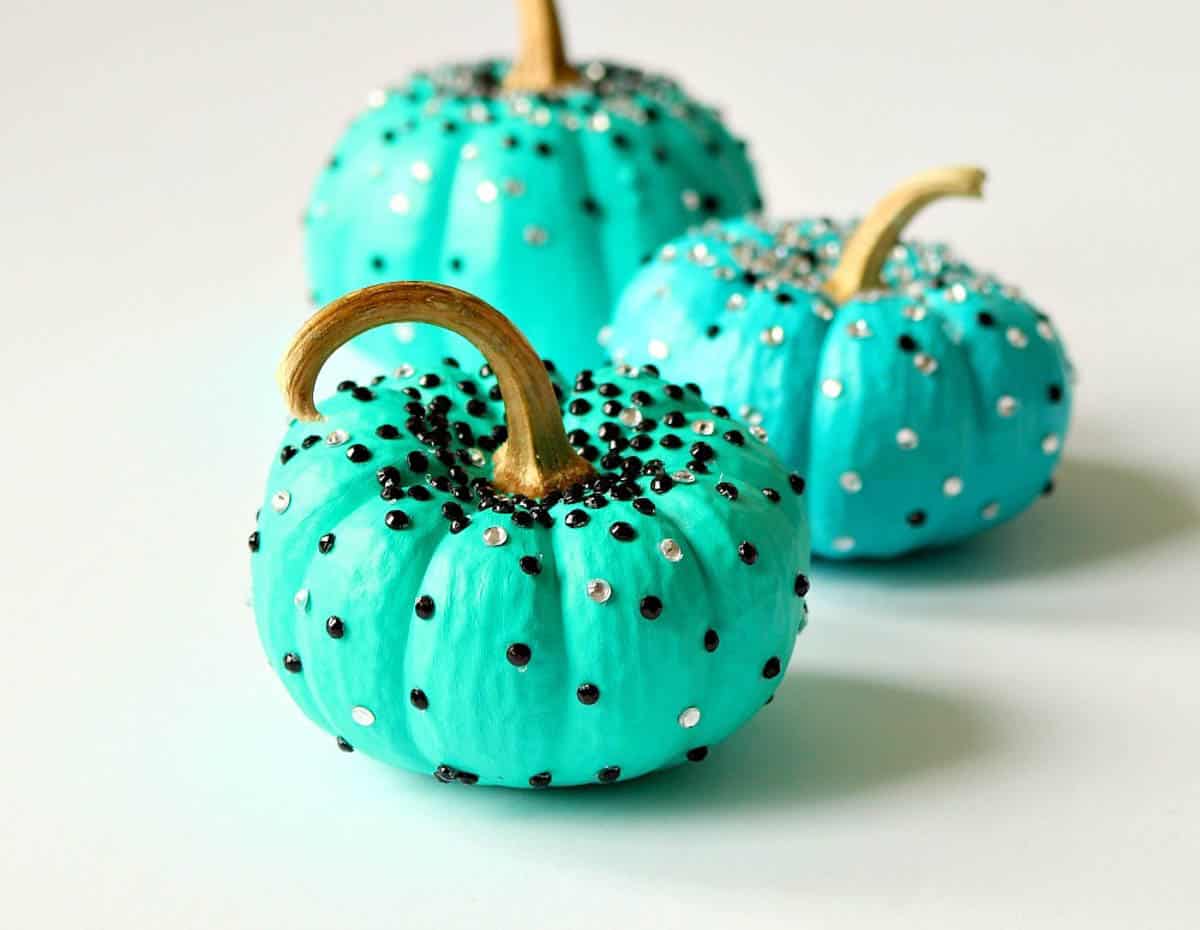 turquoise painted mini pumpkins with jewels