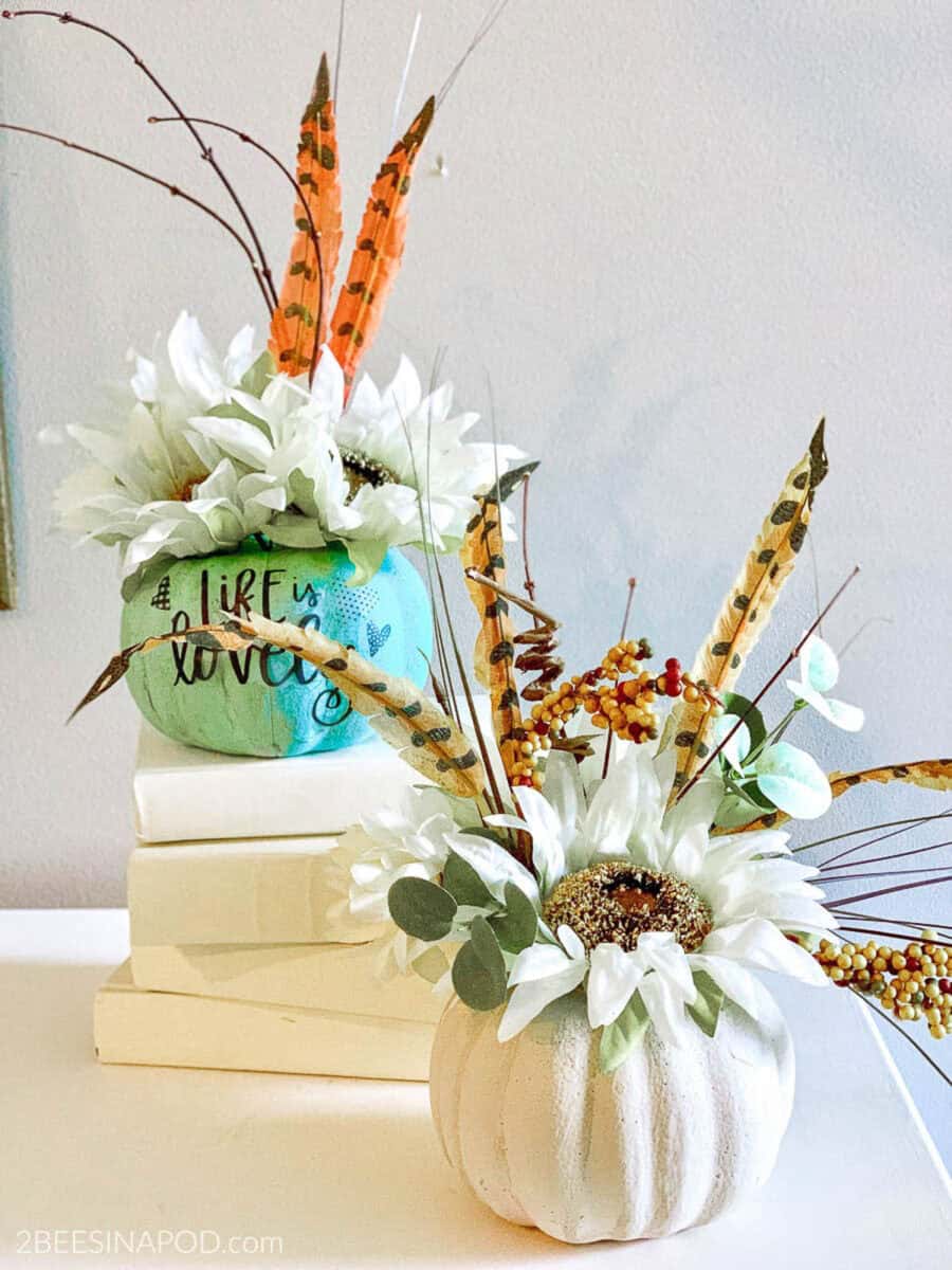 pumpkins decorated with ostrich feathers