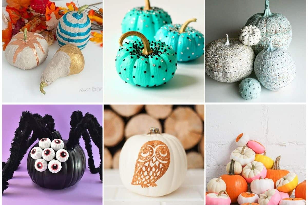Image collage of six no carve pumpkins