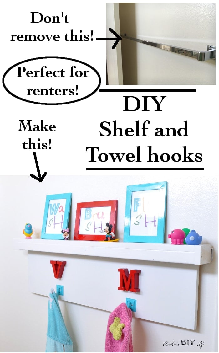 Can't get rid of the ugly towel rod? Make this! Easy Shelf and towel hook!