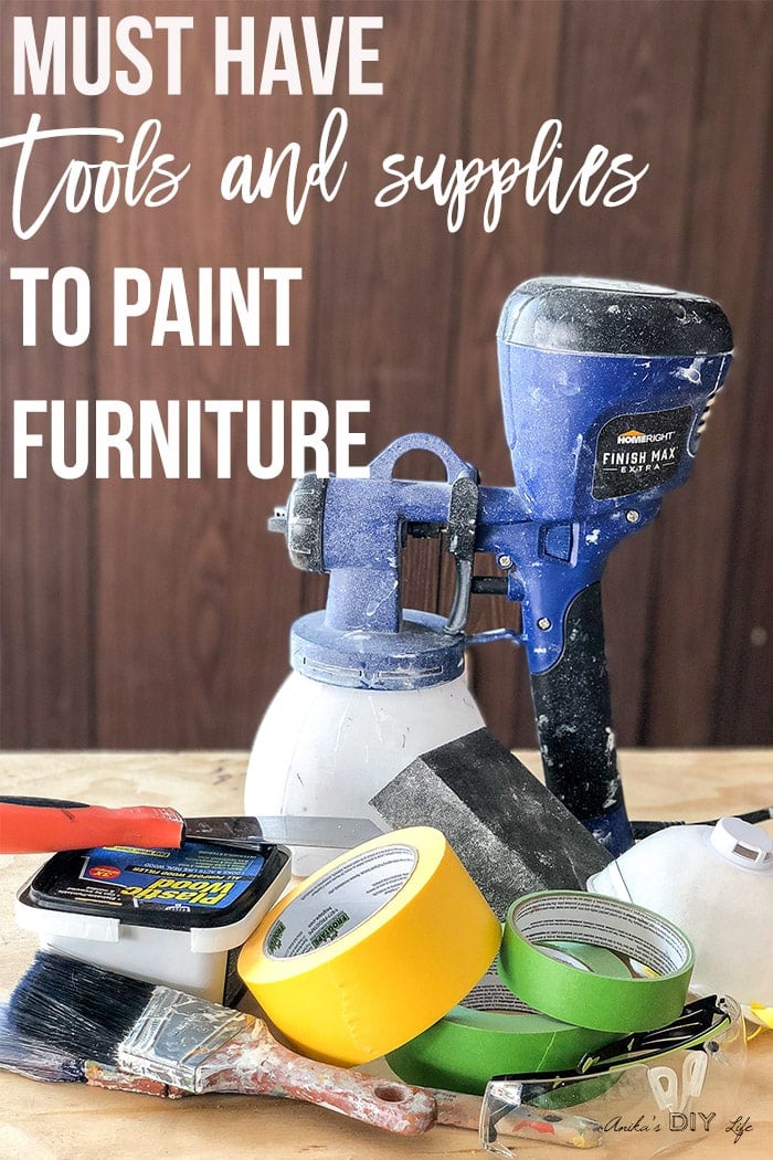 Collection of supplies needed to paint furniture with text overlay