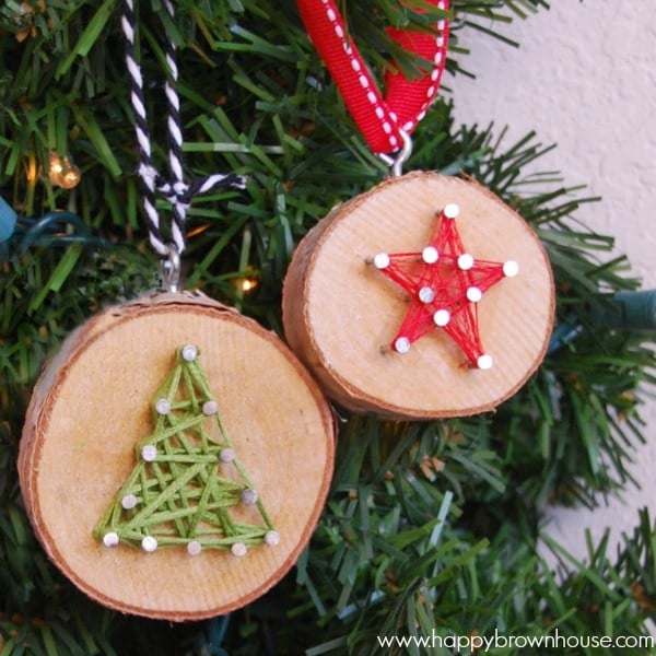 Wood slice ornaments with string art star and tree