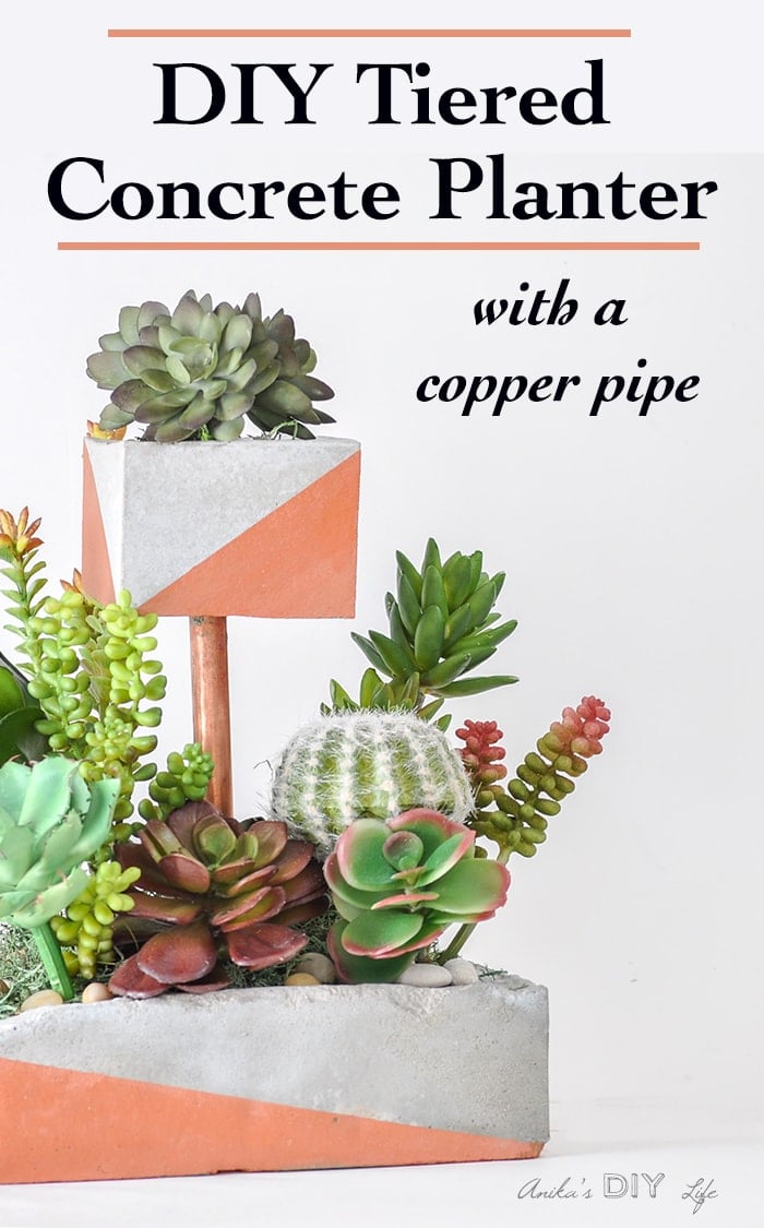 Tiered DIY Concrete planter with copper pipe and paint.