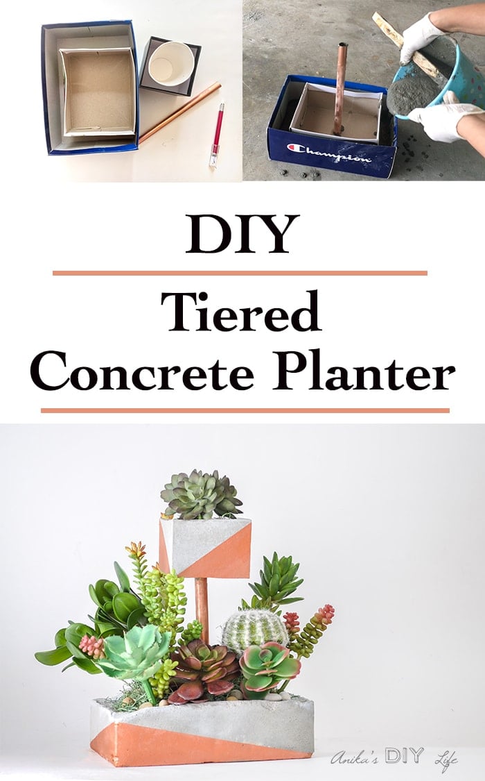 Tiered DIY Concrete planter with copper pipe and paint.