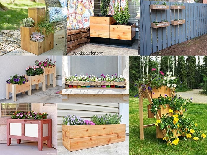 Collage of various DIY wooden planter boxes