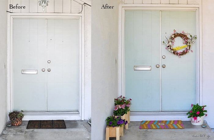 Before and after of a small front porch.