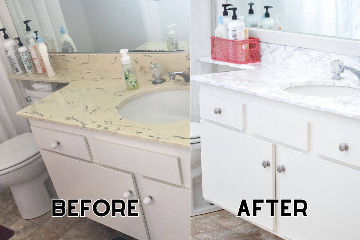Before and after collage showing yellow counter in bathroom transformed with marble contact paper.