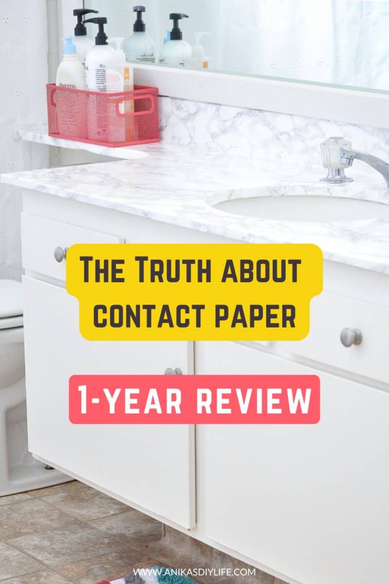 bathroom countertop covered with contact paper -with text overlay - the truth about contact paper - one year review