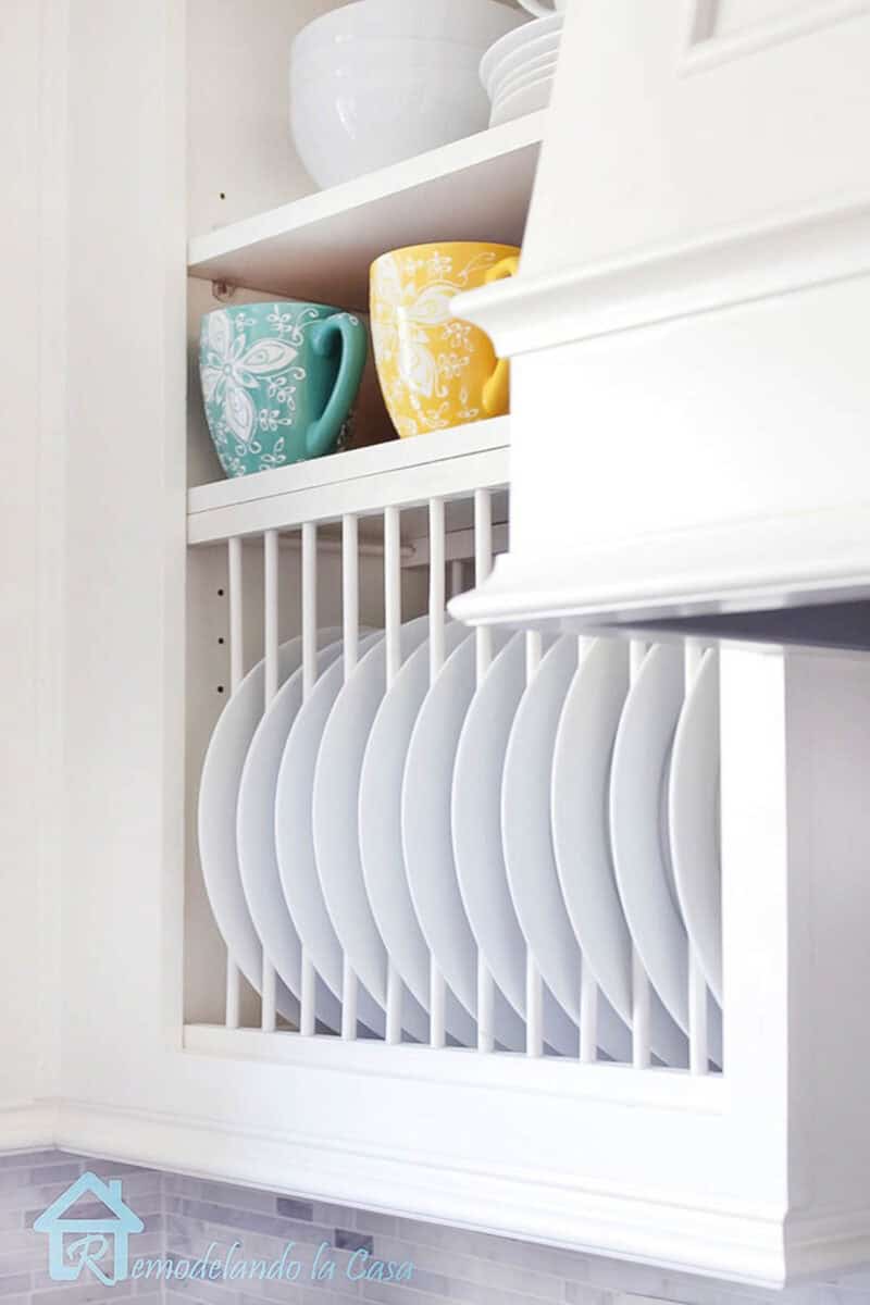 DIY plate rack in a cabinet