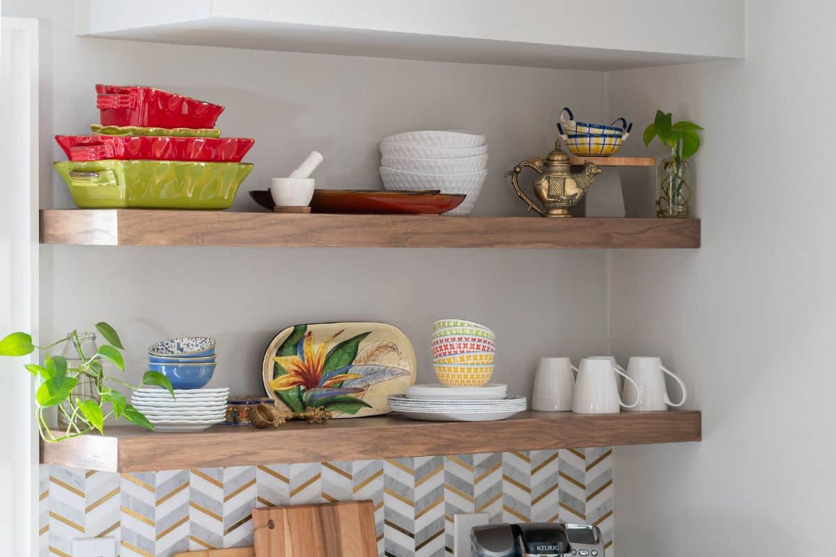 DIY floating kitchen shelves with dishes and decor