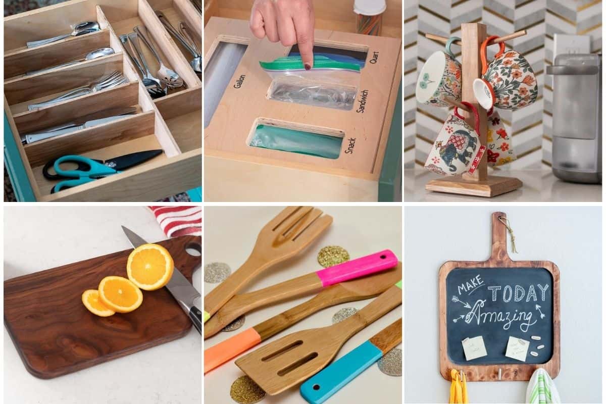 Image collage of six quick and easy DIY kitchen proejcts