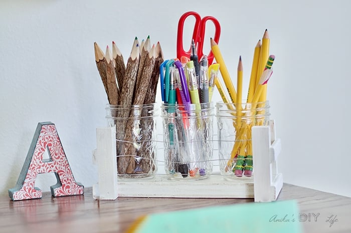 Easy DIY Mason jar organizer for your desk using scrap wood and floral wire