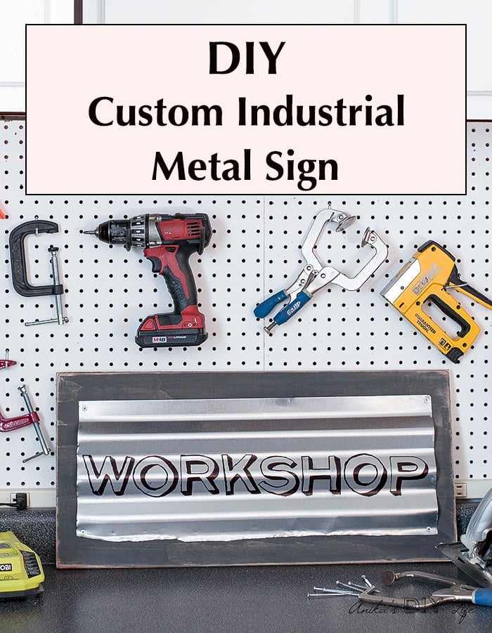 This custom industrial sign is so easy and quick to make! Add lots of character with this easily personalized rustic metal sign to your workshop or home!