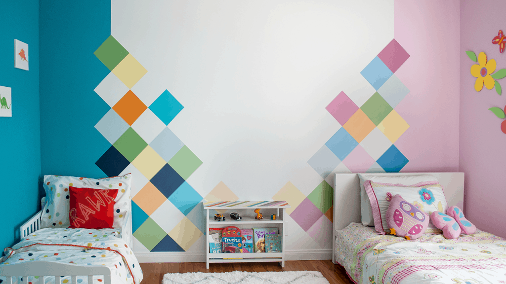 The perfect colorful accent wall DIY home project for a shared boy-girl room.