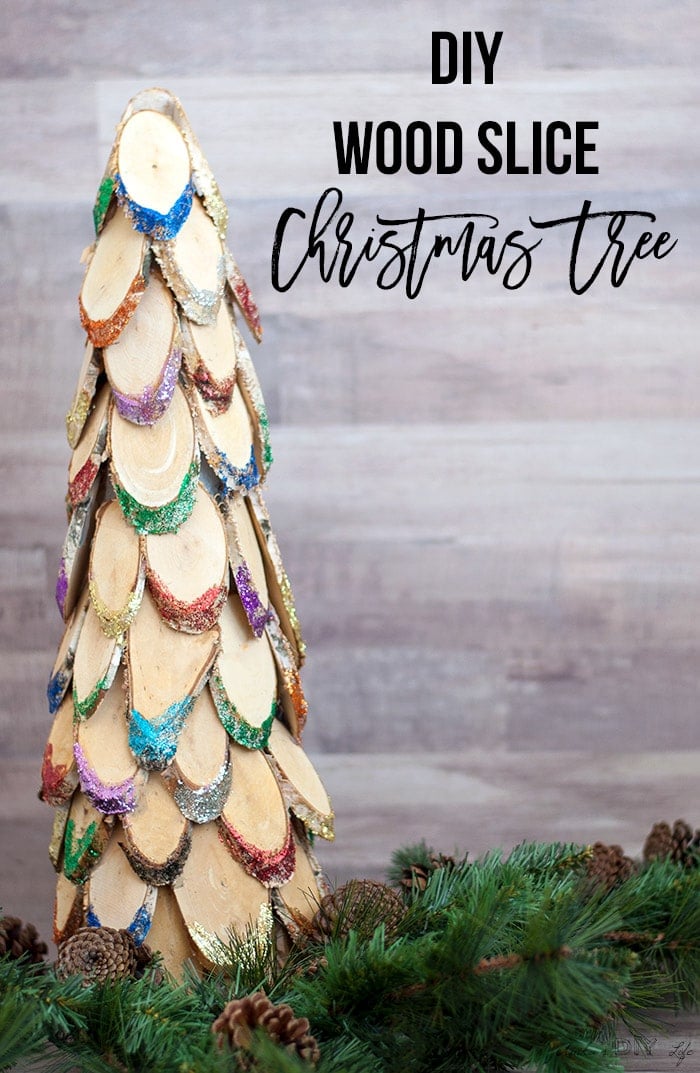 Colorful and glittery wood slice christmas tree with text overlay