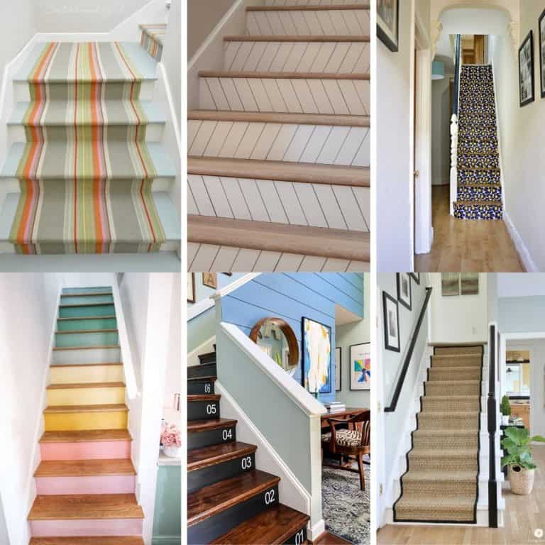 image collage of six staircase makeover ideas