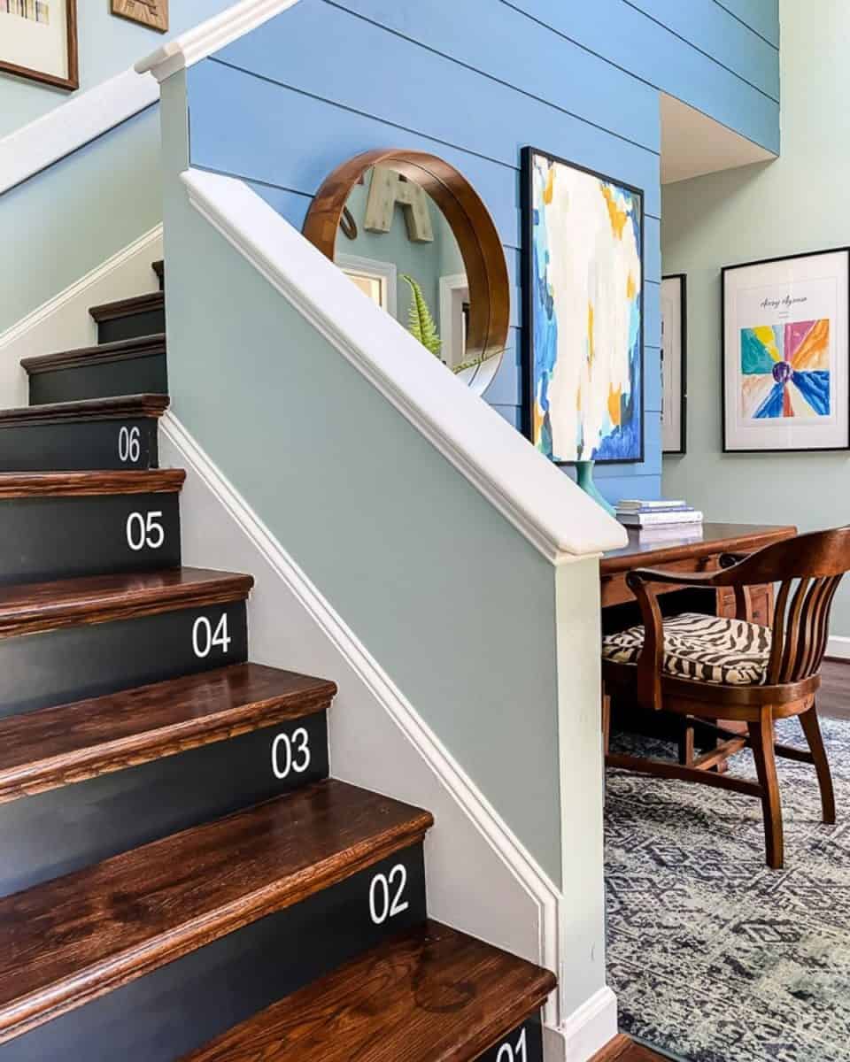 stair risers painted with stenciled numbers