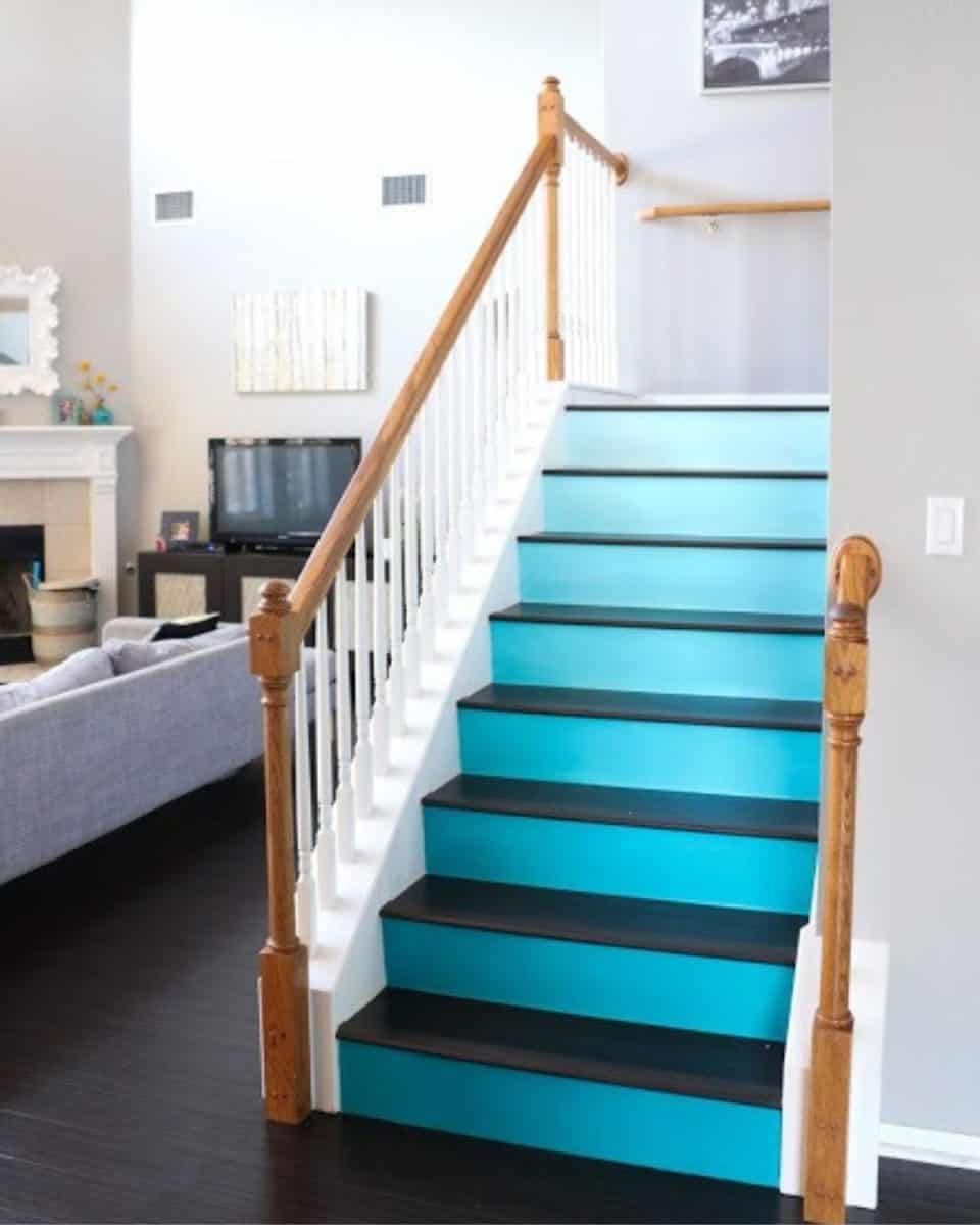 Blue ombre painted stair risers