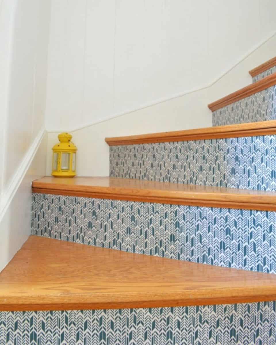 bright colored pattern wallpaper on stair risers