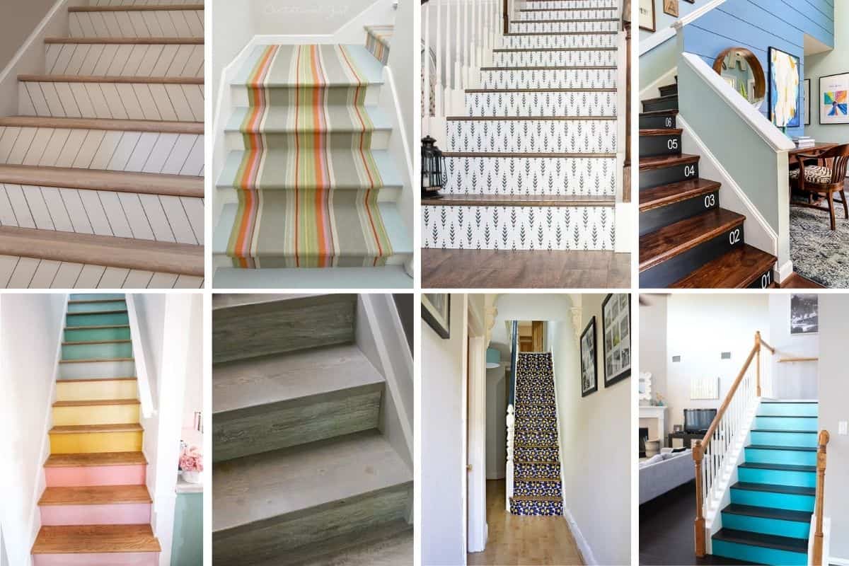 Image collage of eight staircase makeover ideas