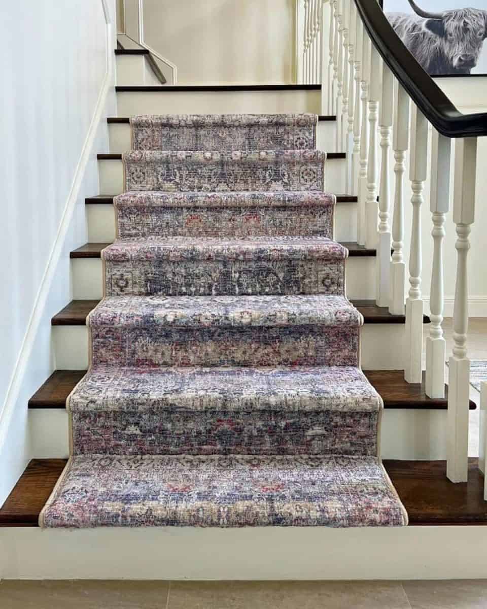 rug runner on stained stairs with painted risers