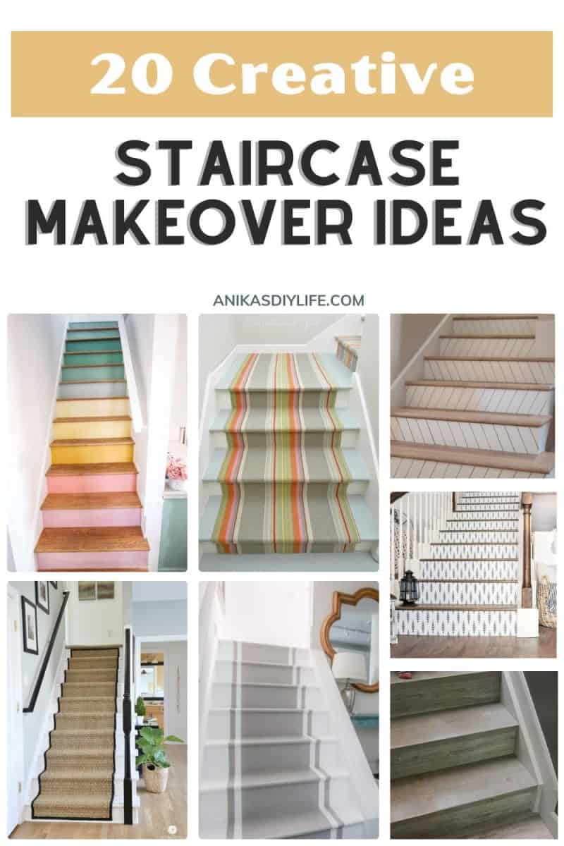 Image collage of seven staircase makeover ideas with text overlay