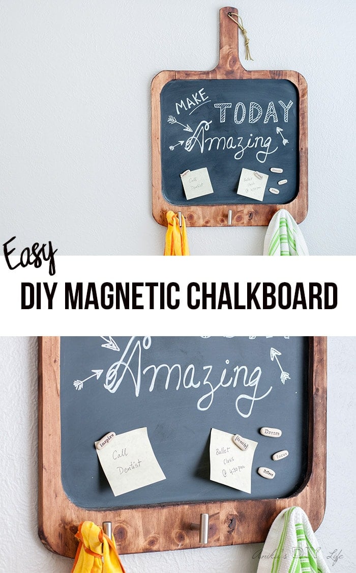 Make an easy DIY magnetic chalkboard for the kitchen with basic tools. This multifunctional board is perfect to write inspirational quotes, add reminders and also for meal planning! Plus has space to hang kitchen towels, aprons etc.