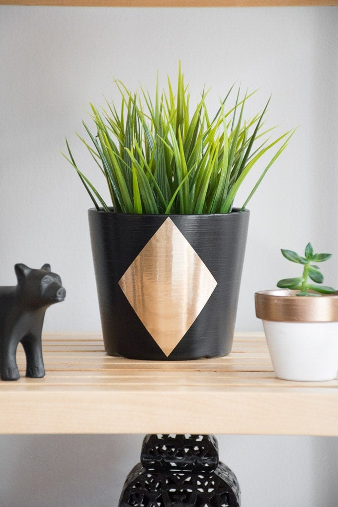 Painted Ikea planter in black and gold