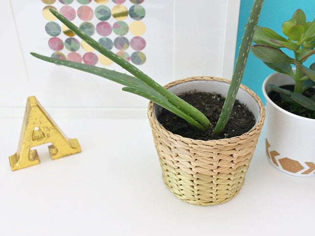 Ikea planter makeover with gold spray paint