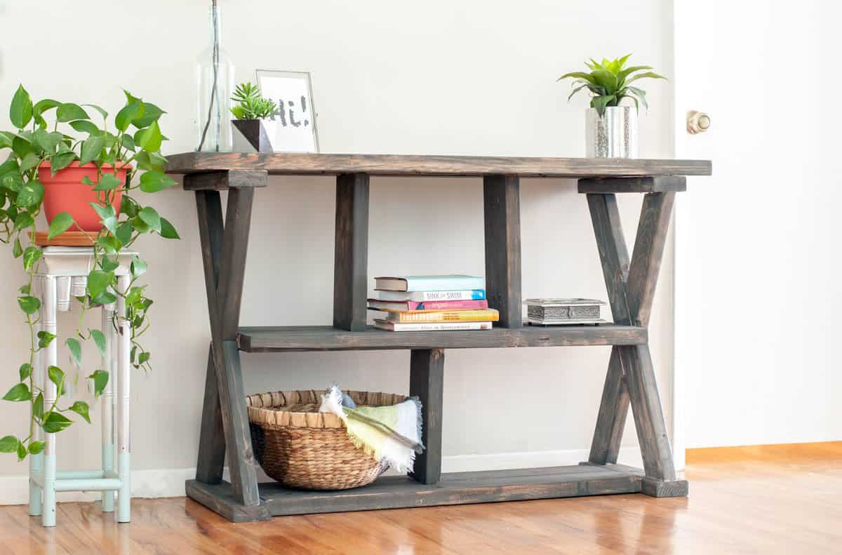 X-leg console table with 3 shelves for storage and decor