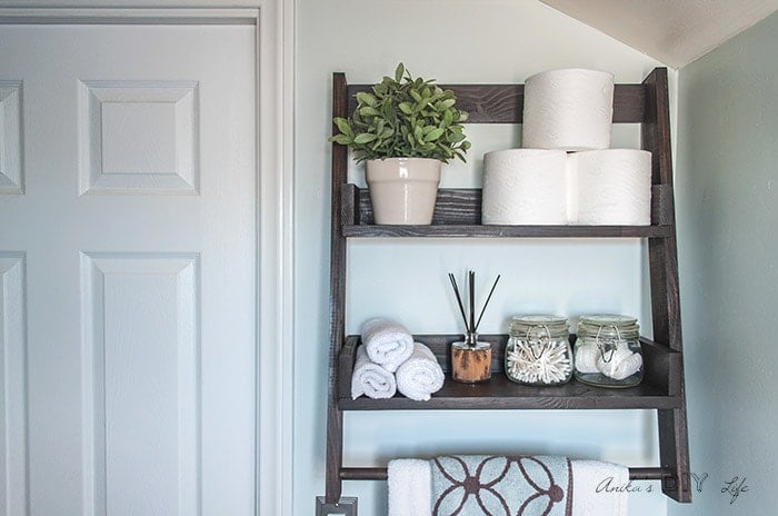 Front view of a DIY floating ladder shelf.