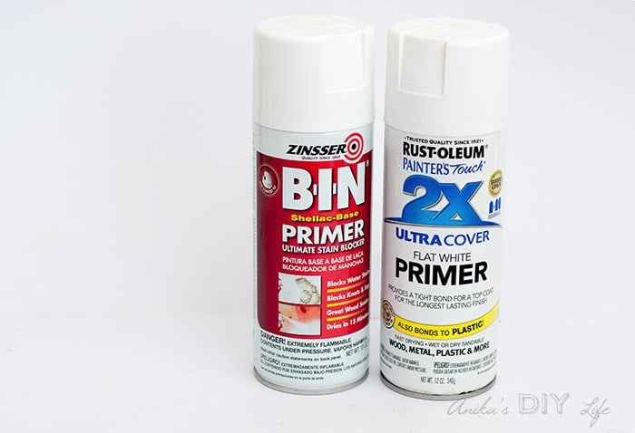 shellac based BIN spray primer and regular white spray primer for spray paint projects