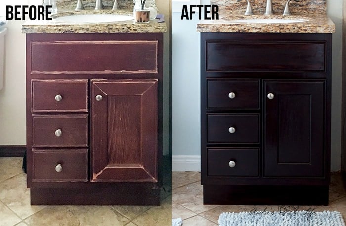 Side by side comparison of before and after of bathroom vanity to show how to use gel stain to update a cabinet without sanding
