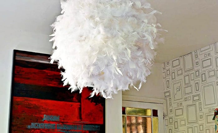 Ikea lampshade hack with feathers
